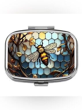 Bee & Honeycomb stained glass design 2 Compartment Pill Box for purse. New.